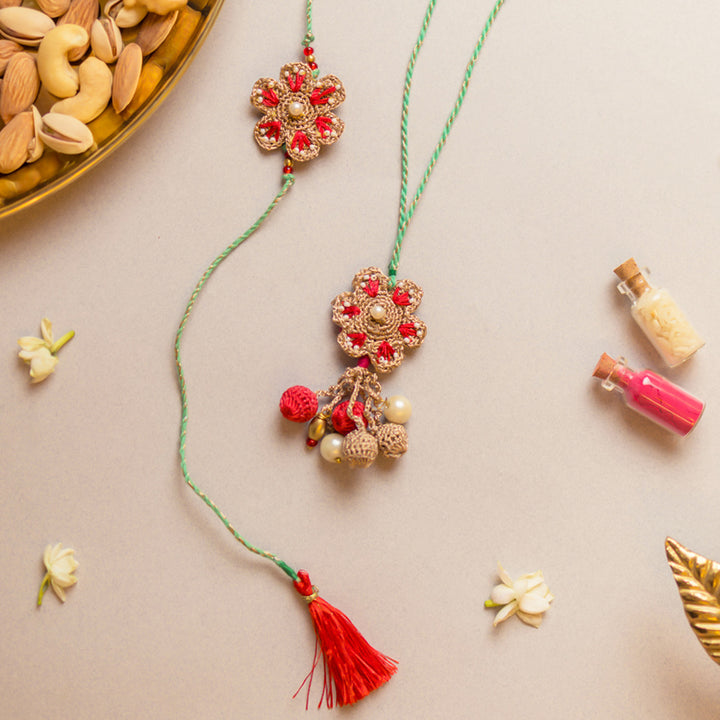 Intricate Crochet Coral Red Bhaiya Bhabhi Rakhi-Lumba Set With Roli Chawal | Set of 2