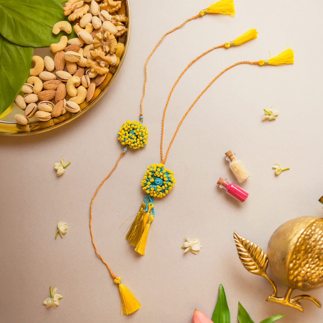 Intricate Crochet Yellow Coral Bhaiya Bhabhi Rakhi-Lumba Set With Roli Chawal | Set of 2