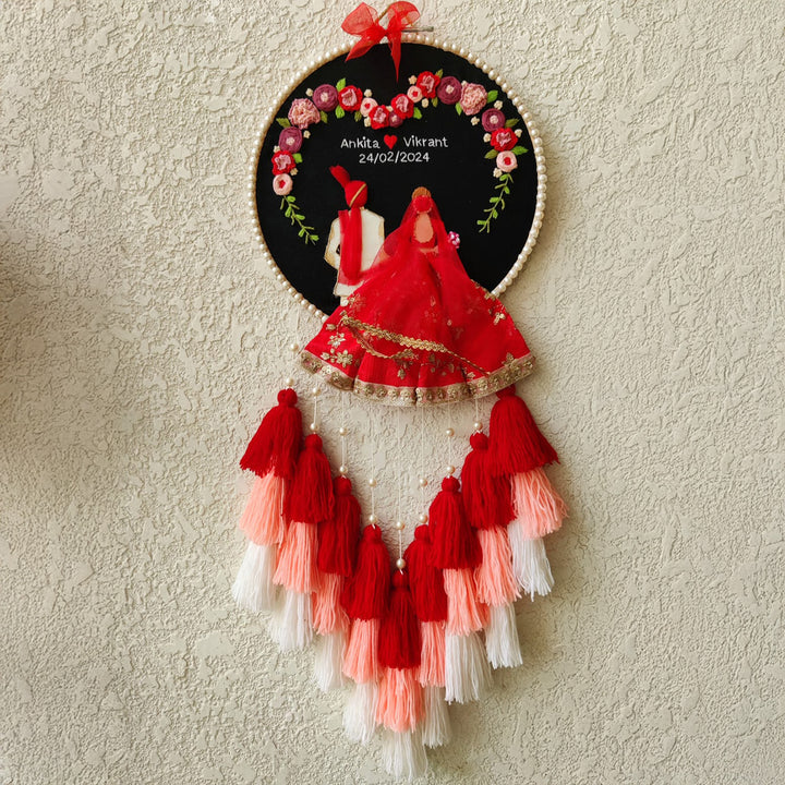 Personalized Embroidered Red & Black Wedding Plaque With Tassels