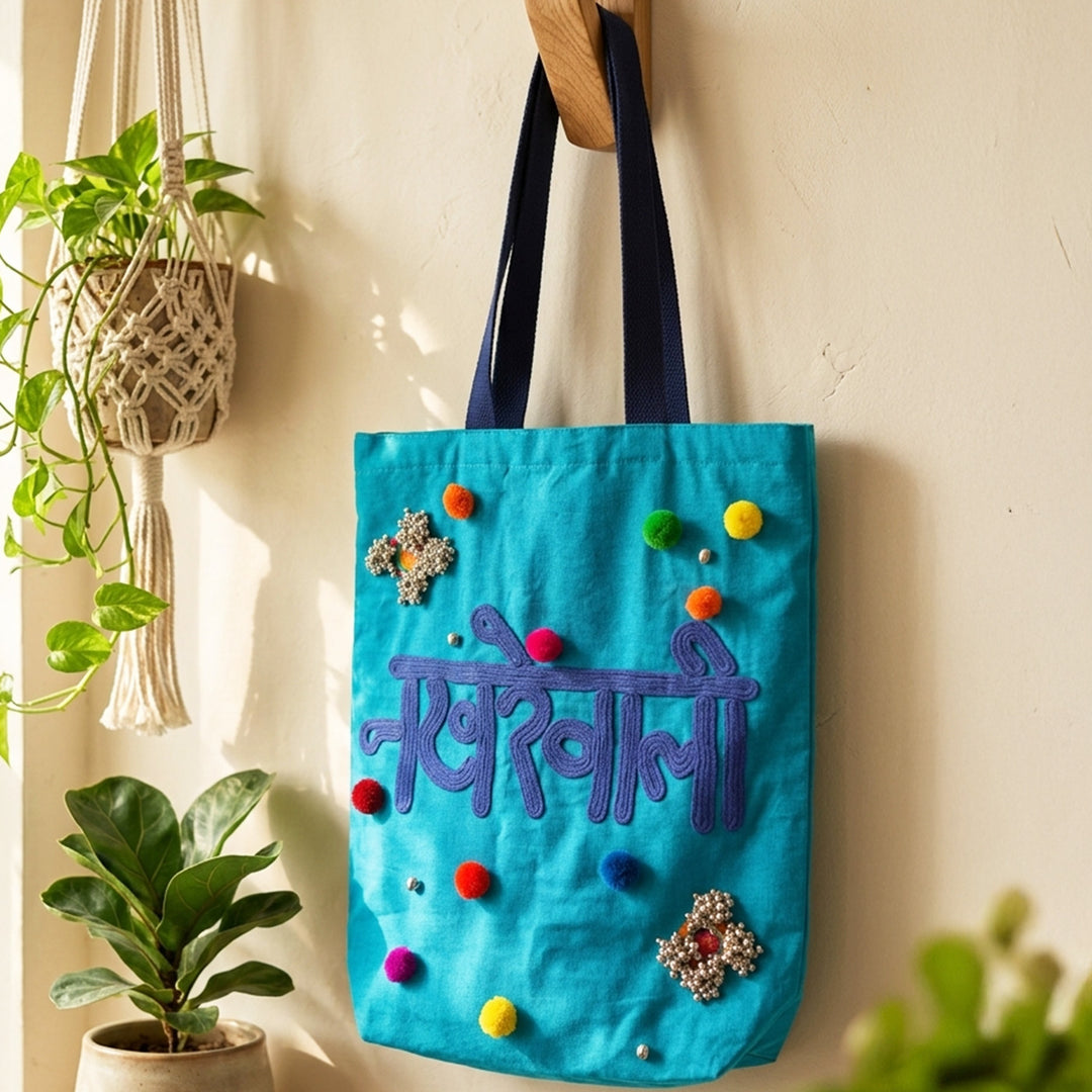 Hand-Embroidered Dori Work Turquoise Nakhrewali Tote Bag