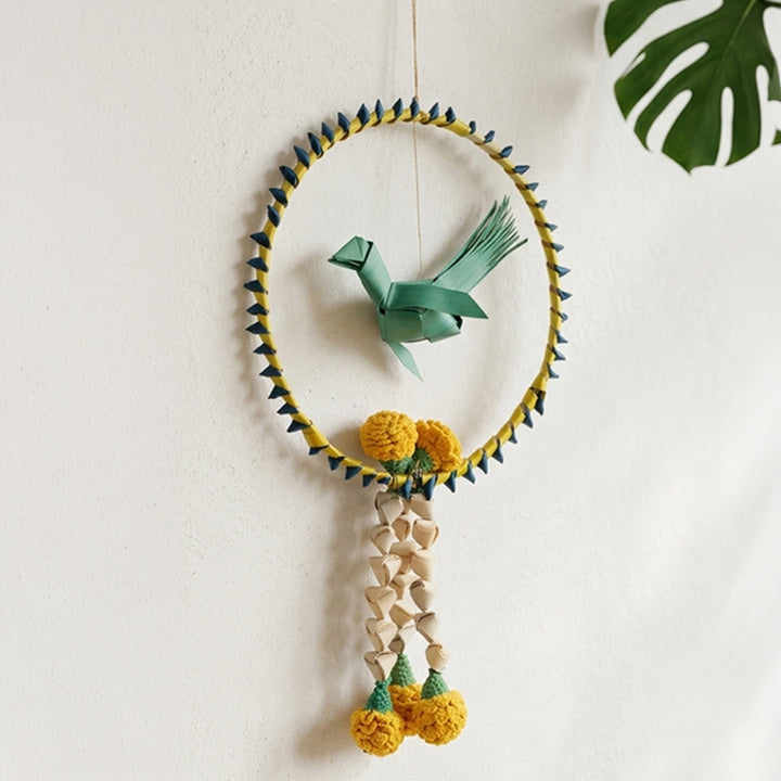 Chirraiya Handcrafted Palm Leaf Wall Hanging With Crochet Marigolds For Festive Decor