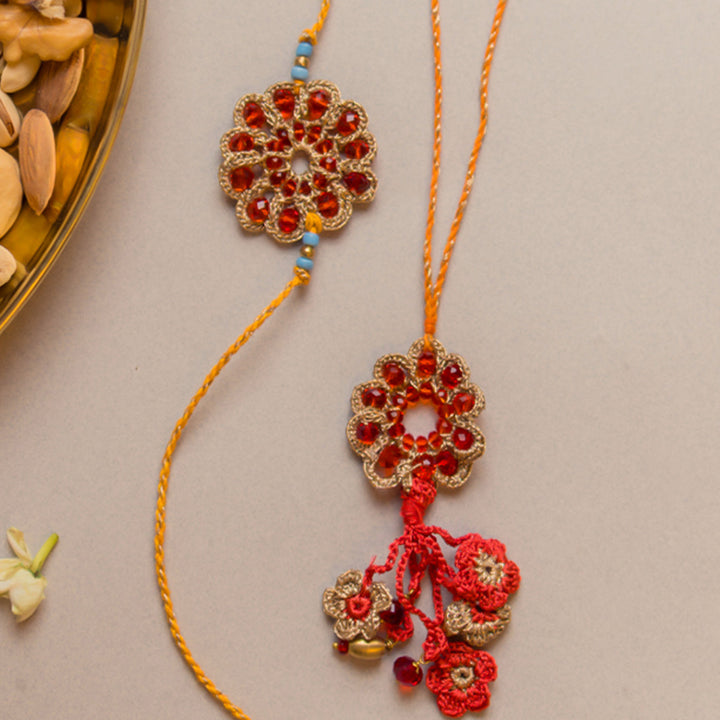 Intricate Crochet Red Stone Bhaiya Bhabhi Rakhi-Lumba Set With Roli Chawal | Set of 2