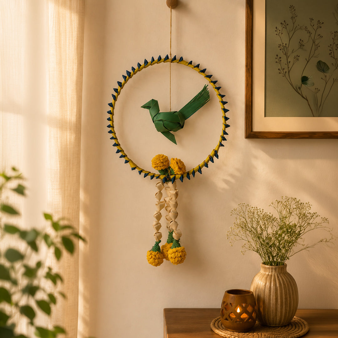 Chirraiya Handcrafted Palm Leaf Wall Hanging With Crochet Marigolds For Festive Decor