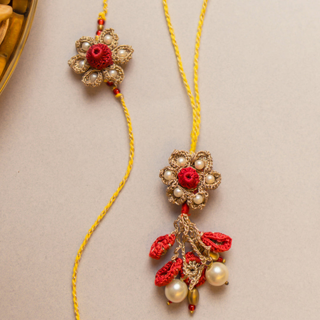 Intricate Crochet Antique Flower Bhaiya Bhabhi Rakhi-Lumba Set With Roli Chawal | Set of 2