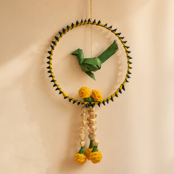 Chirraiya Handcrafted Palm Leaf Wall Hanging With Crochet Marigolds For Festive Decor