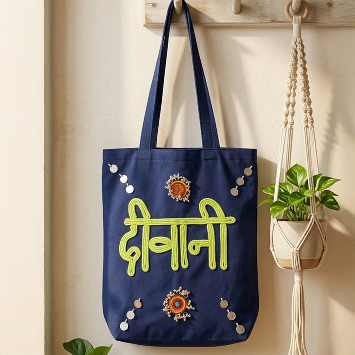 Hand-Embroidered Dori Work Blue Deewani Tote Bag