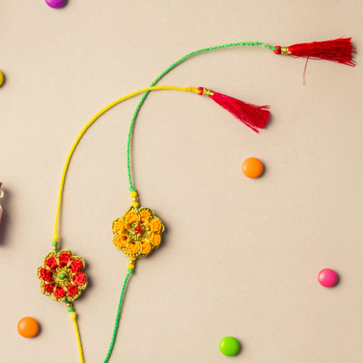 Intricate Beaded Crochet Festive Marigold Rakhi With Roli Chawal for Kids | Set of 2