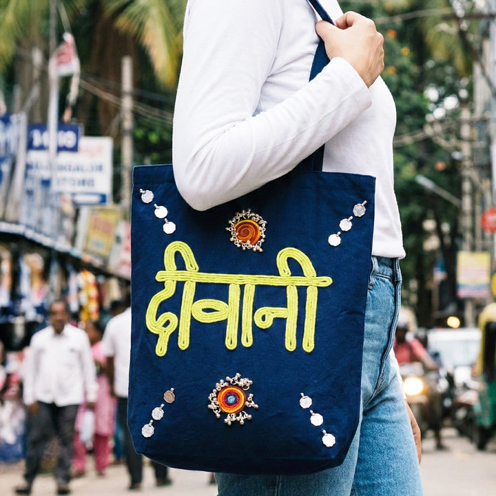 Hand-Embroidered Dori Work Blue Deewani Tote Bag