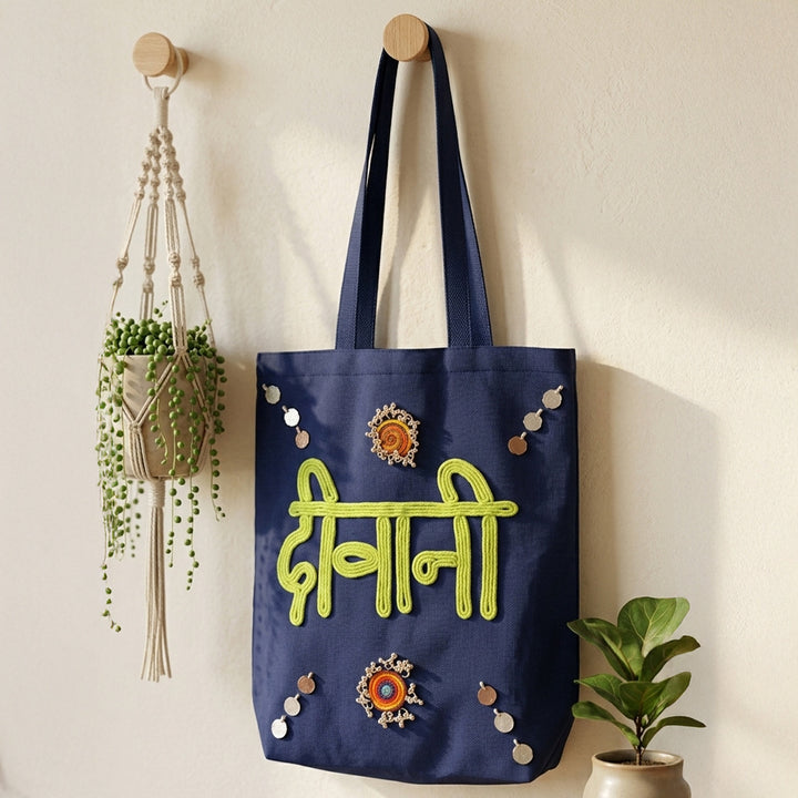 Hand-Embroidered Dori Work Blue Deewani Tote Bag