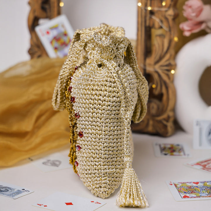 Handmade Crochet Golden Floral Embellished Potli