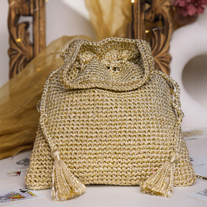 Handmade Crochet Golden Floral Embellished Potli