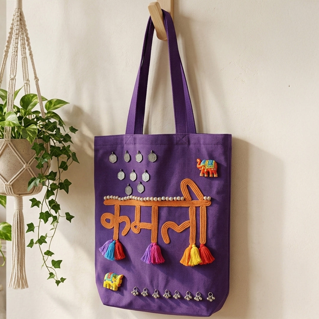 Hand-Embroidered Dori Work Purple Kamli Tote Bag