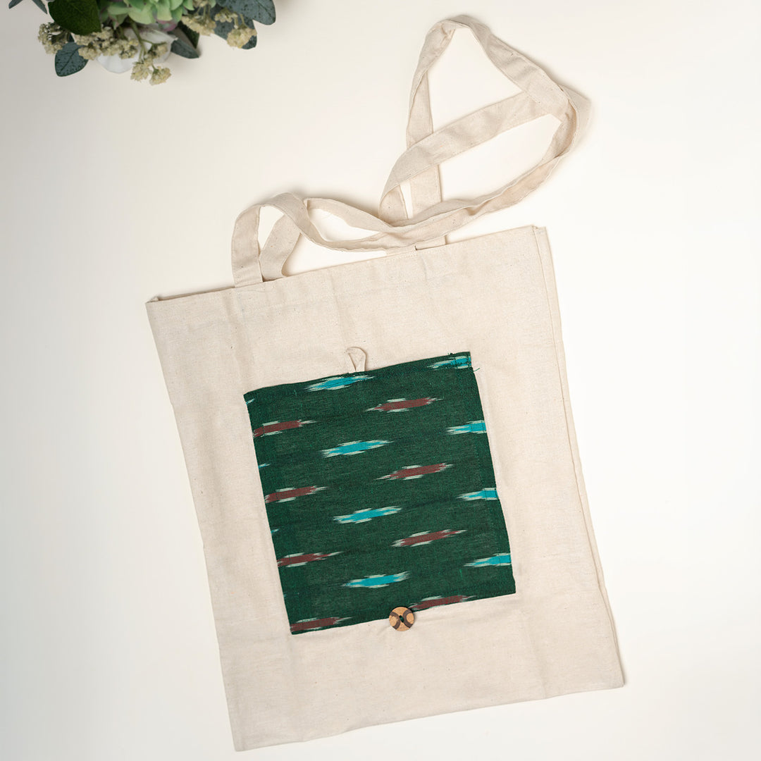 Handcrafted Foldable Cotton Ikat Tote Bag - Green
