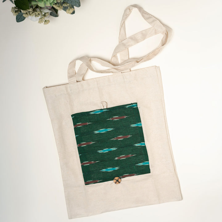 Handcrafted Foldable Cotton Ikat Tote Bag - Green