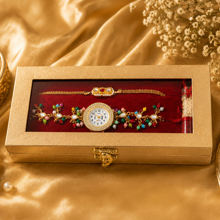 Handmade Kundan & Pearl Rajsi Bandhan Royal Rakhi & Bhabhi Watch Combo For Bhaiya Bhabhi | Set of 2