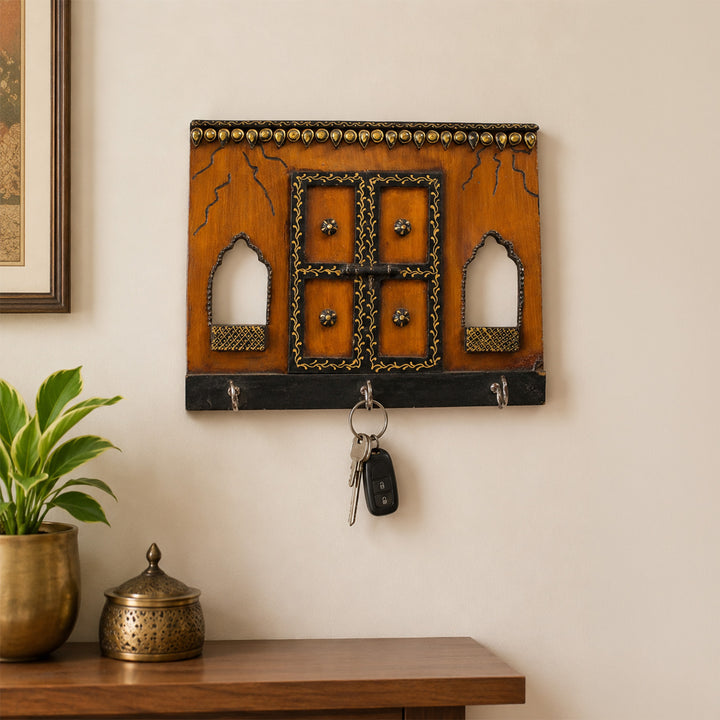Antique Jharokha Large Handmade Paper Mache Clay Key Holder With 3 Hooks
