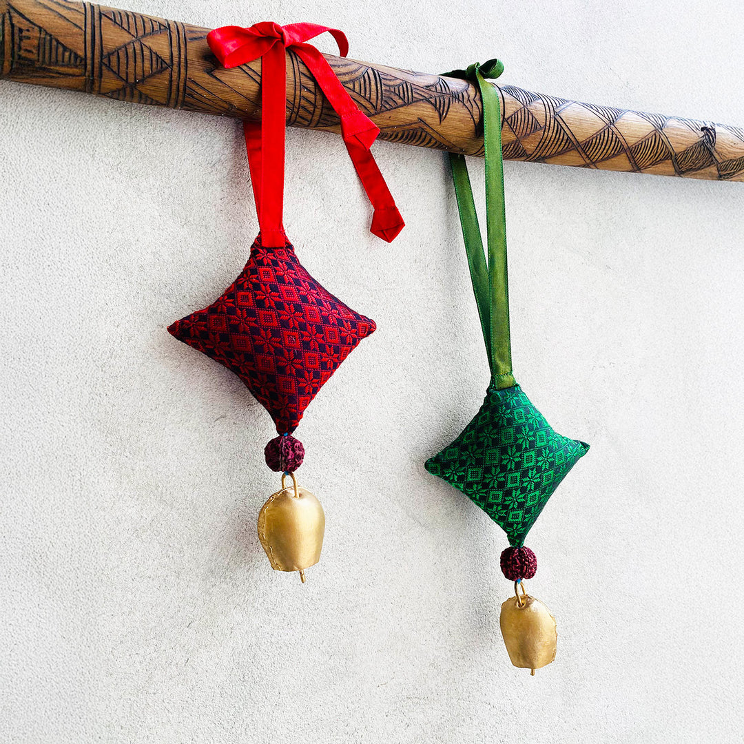 Handmade Red & Green Kite Shaped Rudraksh Khunn Fabric Chirstmas Hangings | Set Of 2