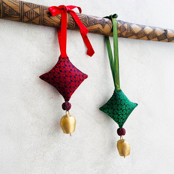Handmade Red & Green Kite Shaped Rudraksh Khunn Fabric Chirstmas Hangings | Set Of 2