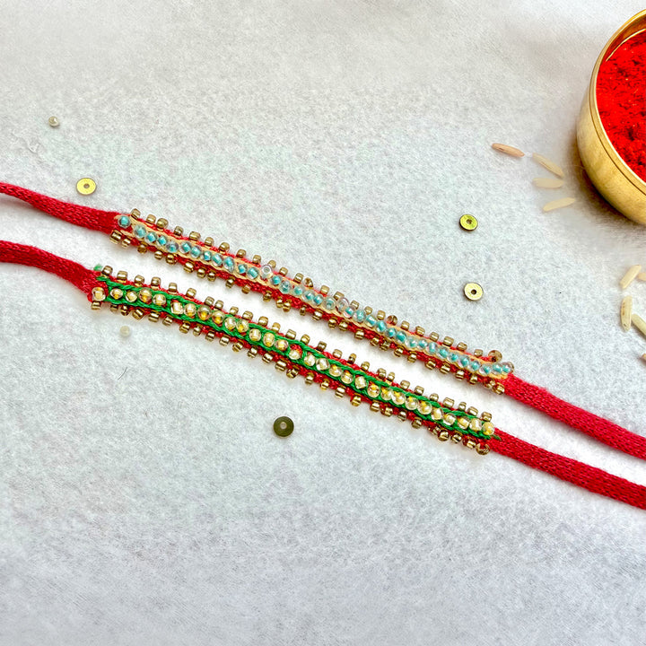 2 Pc | Hand Embroidered Beaded Chain Rakhis With Roli Chawal For Brother