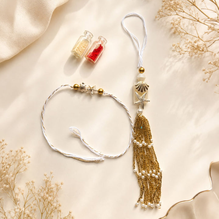 Handmade Sea Shell Charm Moti Bead & Thread Rakhi With Lumba With Roli Chawal For Bhaiya Bhabhi | Set Of 2