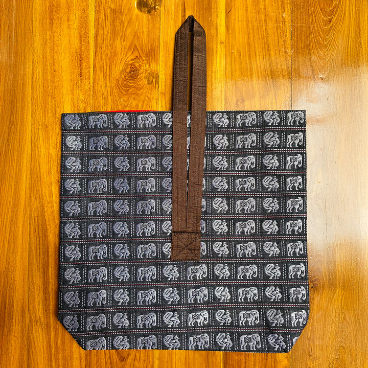 Handmade Black Elephant & Peacock Motif Khunn Fabric Cotton Wrist Purse