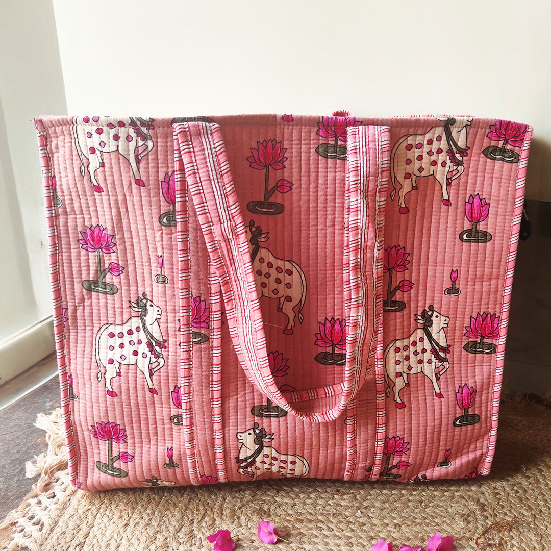 Handmade Pichwai & Rose Cotton Tote Bag