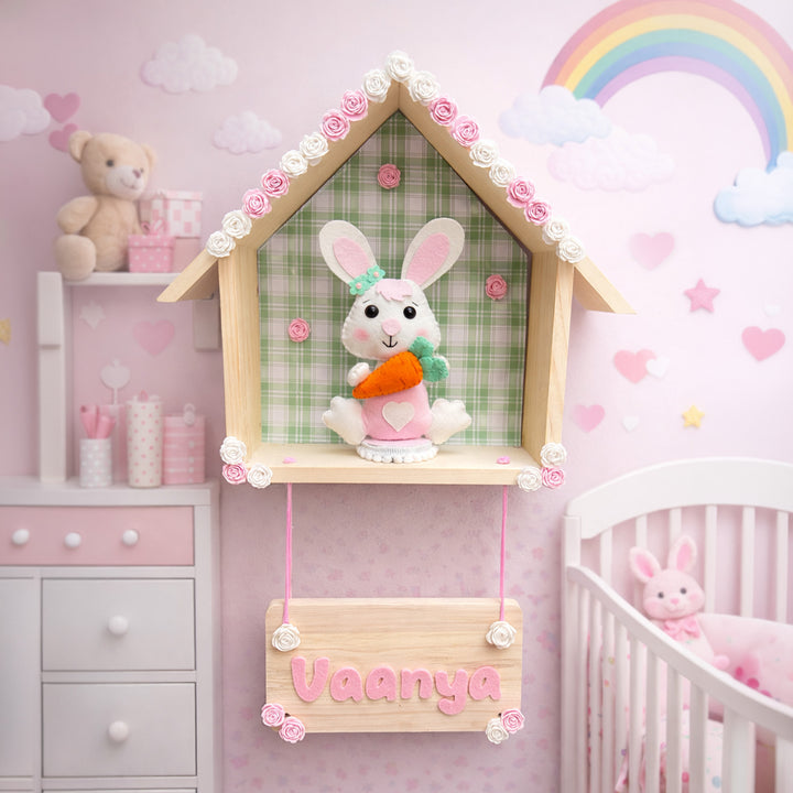 Personalized Felt Bunny On a Wooden House Shaped Nameplate