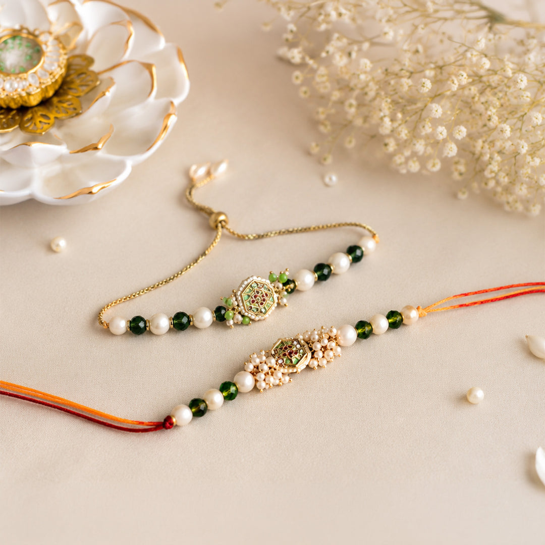 Hand-Knotted Beaded Green Rakhi & Lumba Set For Bhaiya Bhabhi | Set of 2