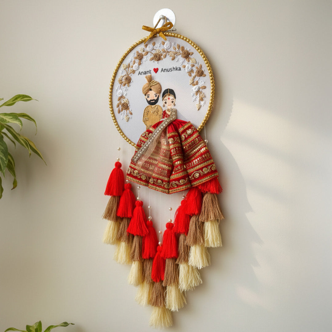 Personalized Embroidered Red & Golden Wedding Plaque With Tassels