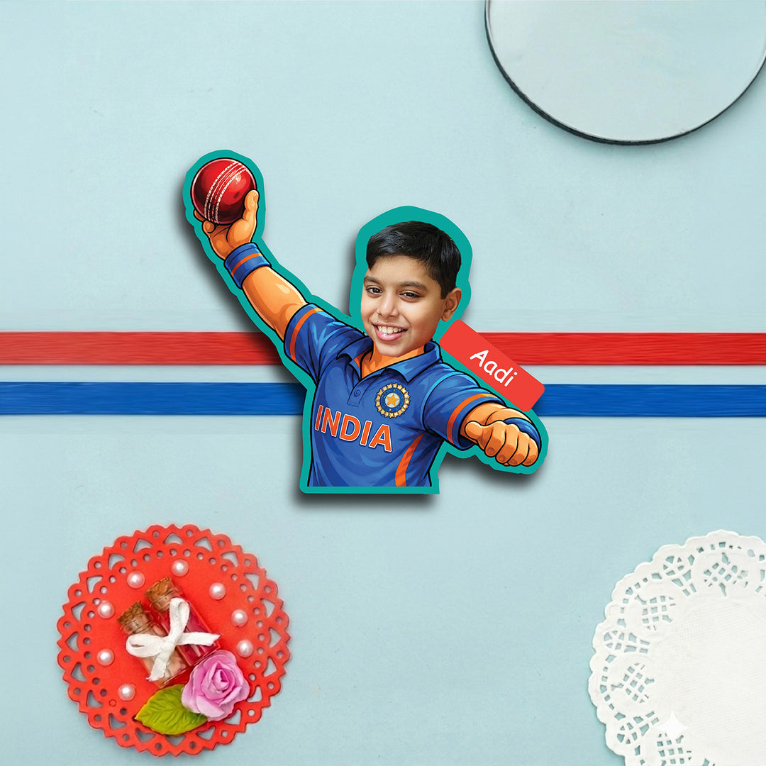 Photo Personalized Bowler Caricature MDF Wood Kids Rakhi With Roli Chawal