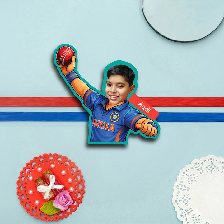 Photo Personalized Bowler Caricature MDF Wood Kids Rakhi With Roli Chawal