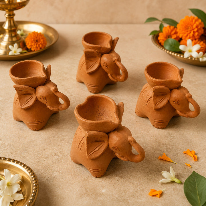 Set Of 4 | Handmade Elephant Terracotta Diya For Festive Decor
