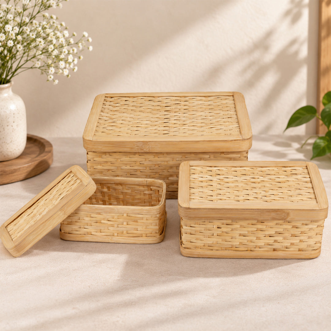 Set Of 3 "Sora" Handcrafted Close Weave Bamboo Rectangular Gift Box For Storage And Gifting