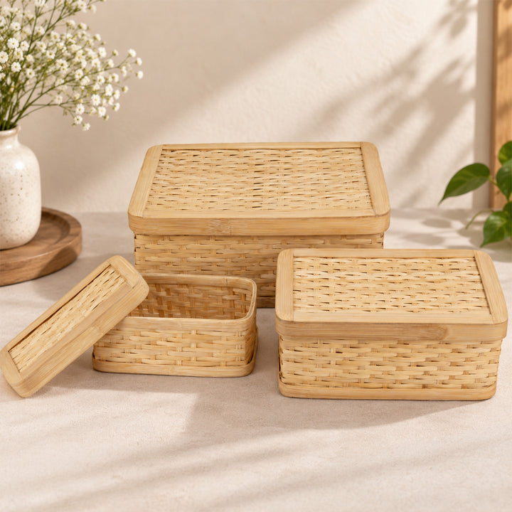 Set Of 3 "Sora" Handcrafted Close Weave Bamboo Rectangular Gift Box For Storage And Gifting