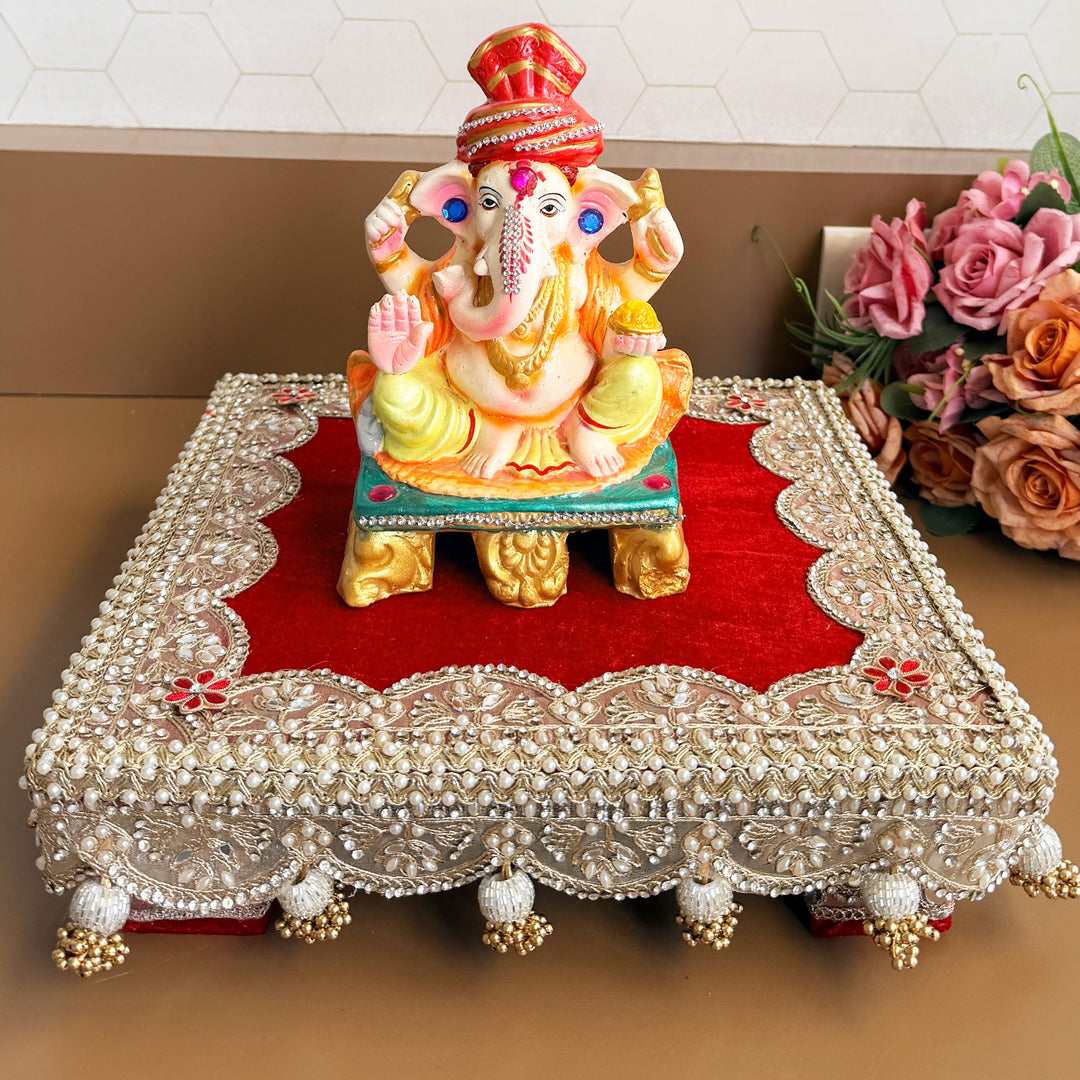 Velvet Fabric Square Pooja Chowki For Home Temple Pooja Decor