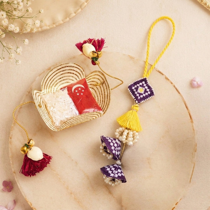 Handcrafted Pearl, Tassel & Thread Work Cheed Light Lumba Rakhi for Bhabhi - Violet