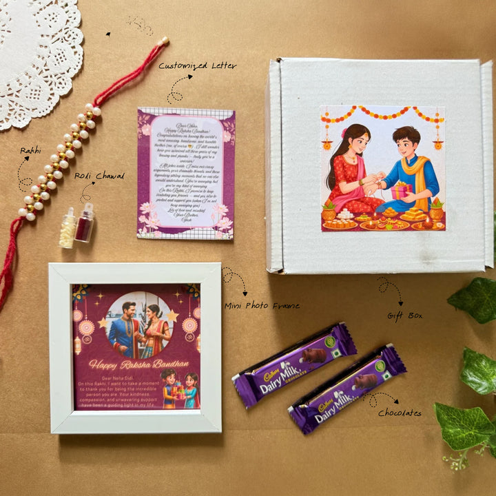 Rakhi Gift Hamper For Sister | Includes 1 Mini Photo Frame, 1 Rakhi, 1 Roli Chawal, 1 Letter And 2 Diary Milk
