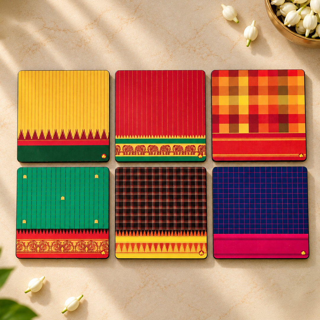 Set Of 6 | Traditional Silk-Inspired Kanchipuram Weaves Coaster Set