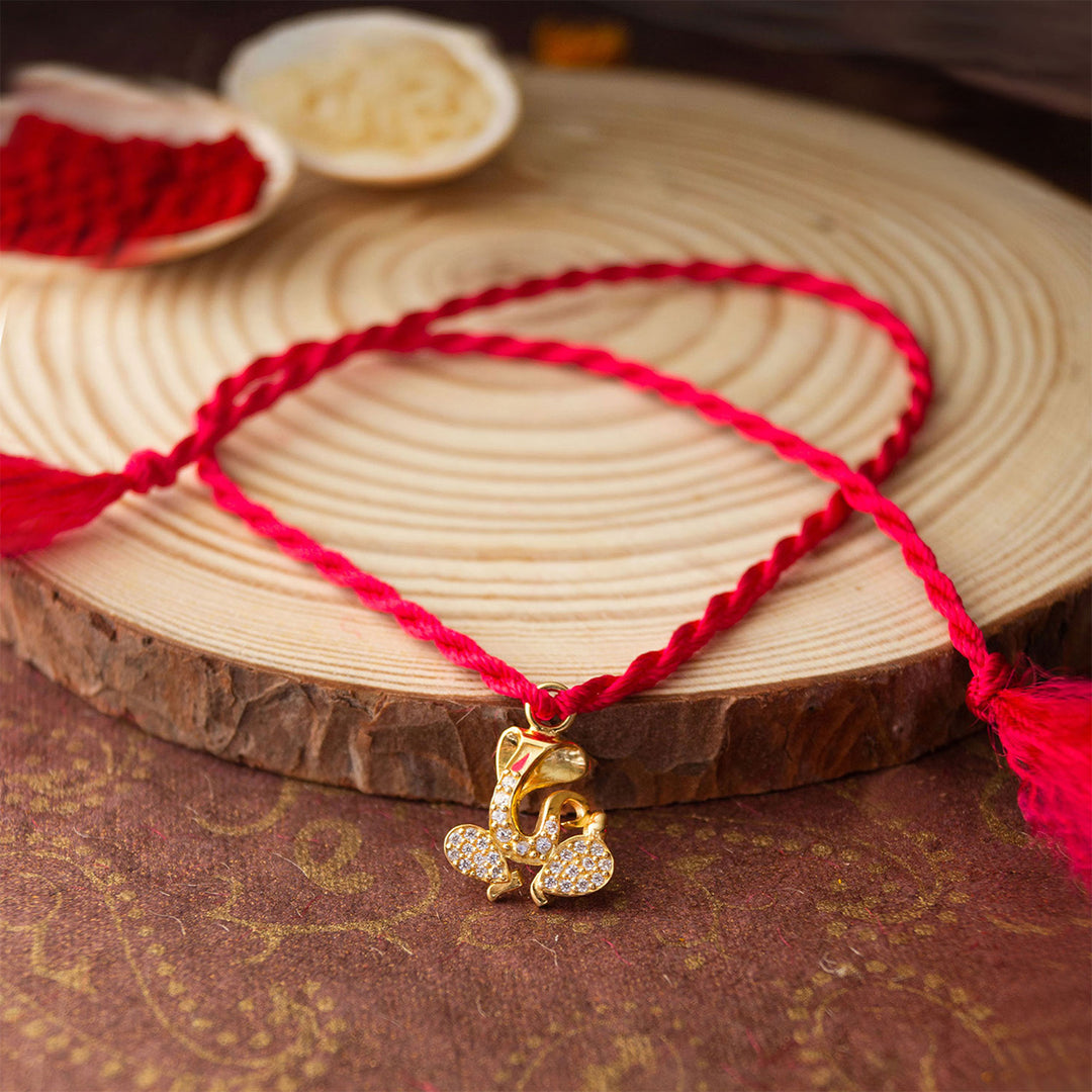 Divine Ganesha Gold Plated Sterling Silver Charm Rakhi With Roli Chawal For Brother