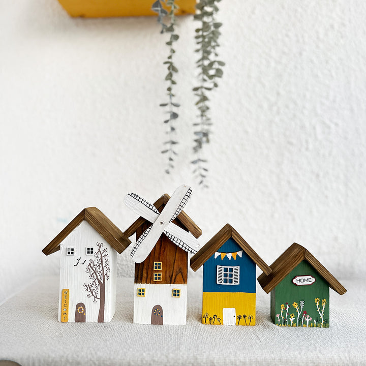 4 pc | Tiny Windmill Town Handcrafted Miniature Wooden Houses