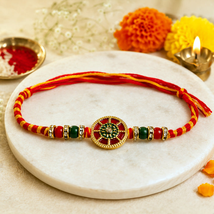 Handmade Beaded Designer Stone Rakhi Gift Hamper With Roli Chawal For Brother