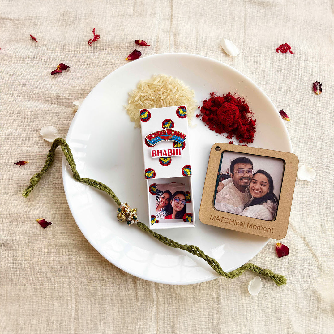 Personalized Photo "Wonder Woman" Theme Lumba Rakhi Gift for Bhabhi | Rakhi, Matchbox Card & Photo Magnet Combo