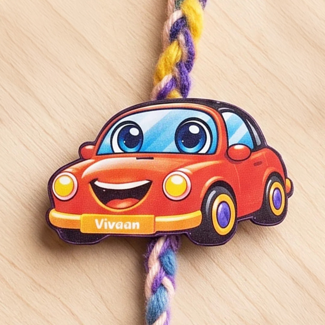 Personalized Reusable Red Car MDF Wood Rakhi With Roli Chawal