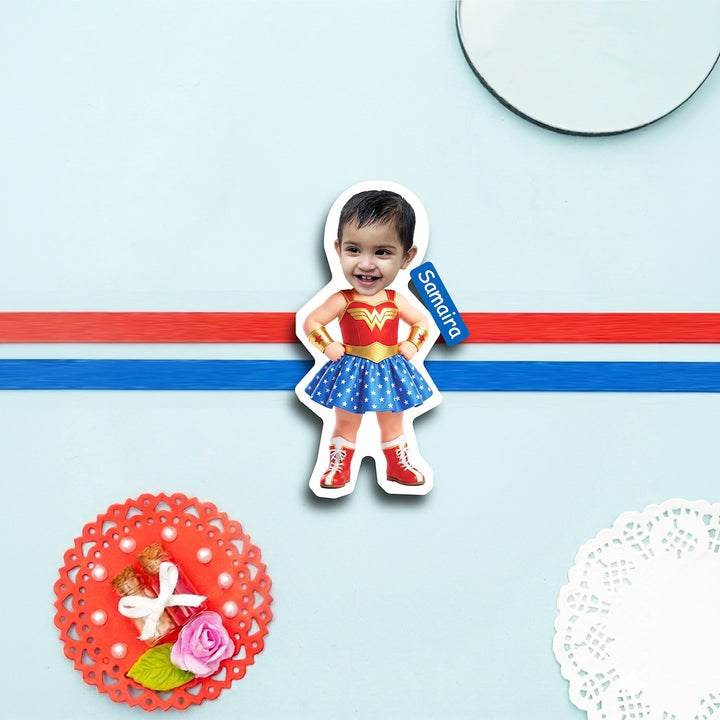 Photo Personalized Handmade Reusable Caricature Wonder Women Mdf Wood Kids Rakhi With Roli Chawal
