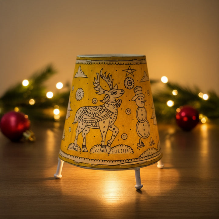 Yellow Christmas Motifs Hand Painted Tholu Bommalata Tabletop Lamp | 6 inches