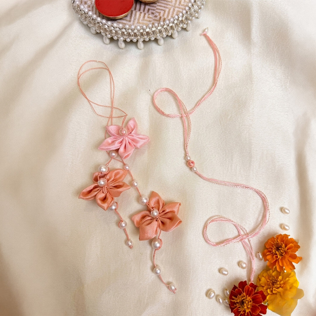 Handmade Madhu Mohini Flower Pearl Couple Rakhi Lumba Set With Roli Chawal For Bhaiya Bhabhi