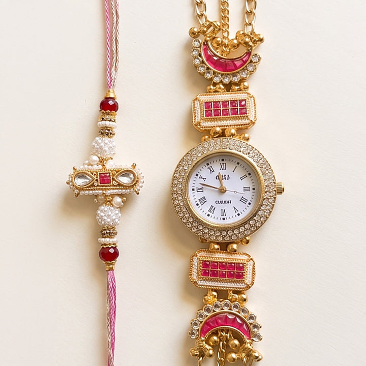 Kashmiri Kundan Watch Bhaiya Bhabhi Rakhi Set With Roli Chawal | Set of 2