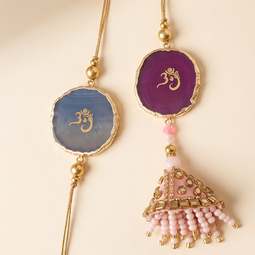 Handmade "Om" Pink And Blue Premium Agate Bhaiya Bhabhi Couple Rakhi And Lumba Set With Roli Chawal, Nariyal And Gift Box | Set of 2