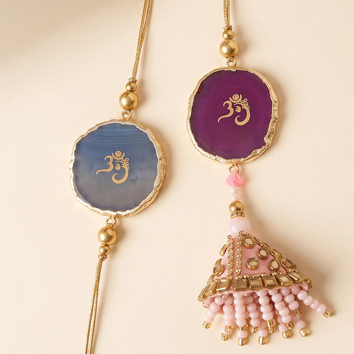 Handmade "Om" Pink And Blue Premium Agate Bhaiya Bhabhi Couple Rakhi And Lumba Set With Roli Chawal, Nariyal And Gift Box | Set of 2