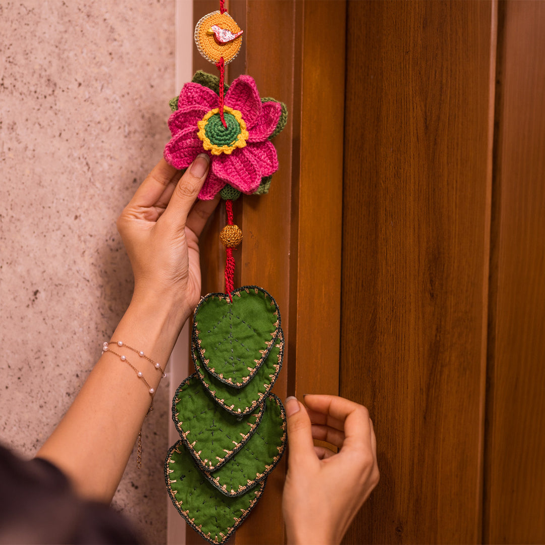 24 Inch | Set Of 2 Handmade Crochet Pink Floral & Leaf With Wooden Bird Festive Door Side Hangings